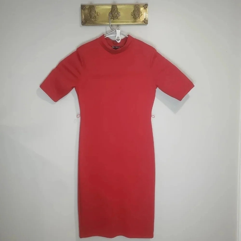 Zara Womans Red Midi Short Sleeve Bodycon Sheath Dress,Size L.